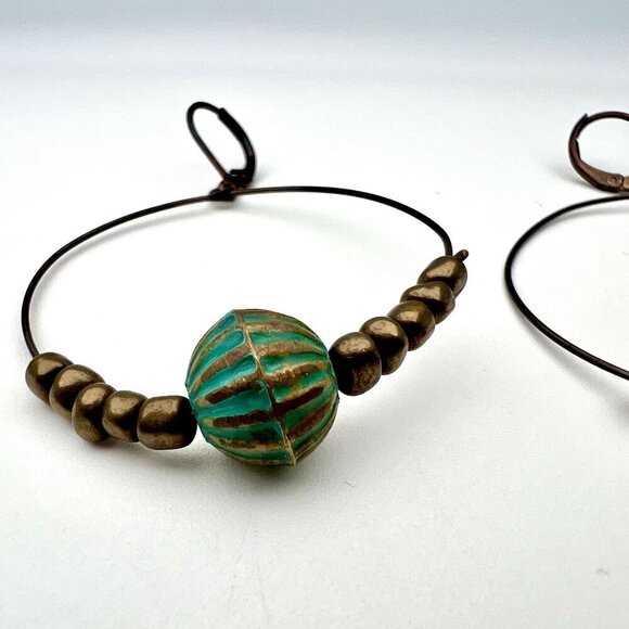 Antique Style Brass Beaded Hoop Earrings Pierced Ears - Picture 7 of 8